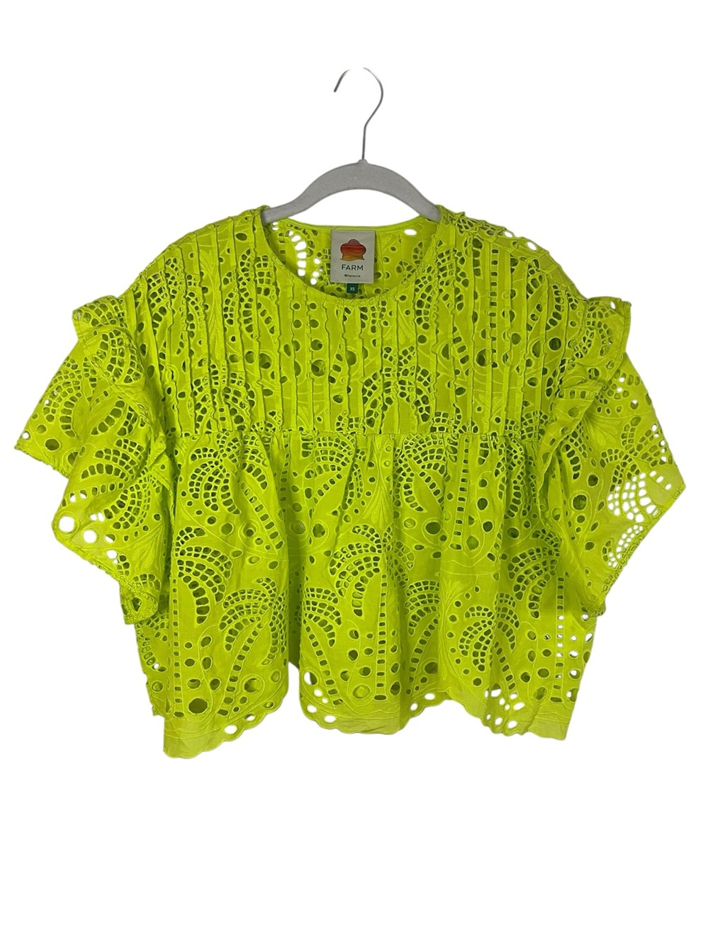 FARM Rio Palm Tree Richelieu Eyelet Ruffle Blouse Lime XS - Picture 4 of 12